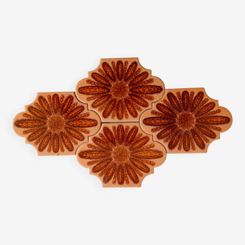 4 glazed ceramic tiles, flowers, 70s