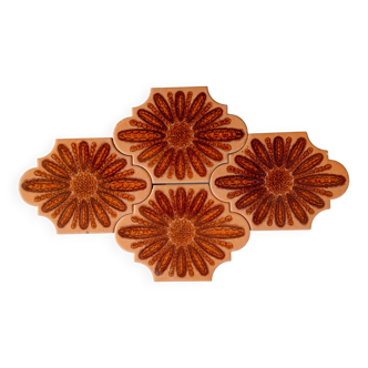 4 glazed ceramic tiles, flowers, 70s