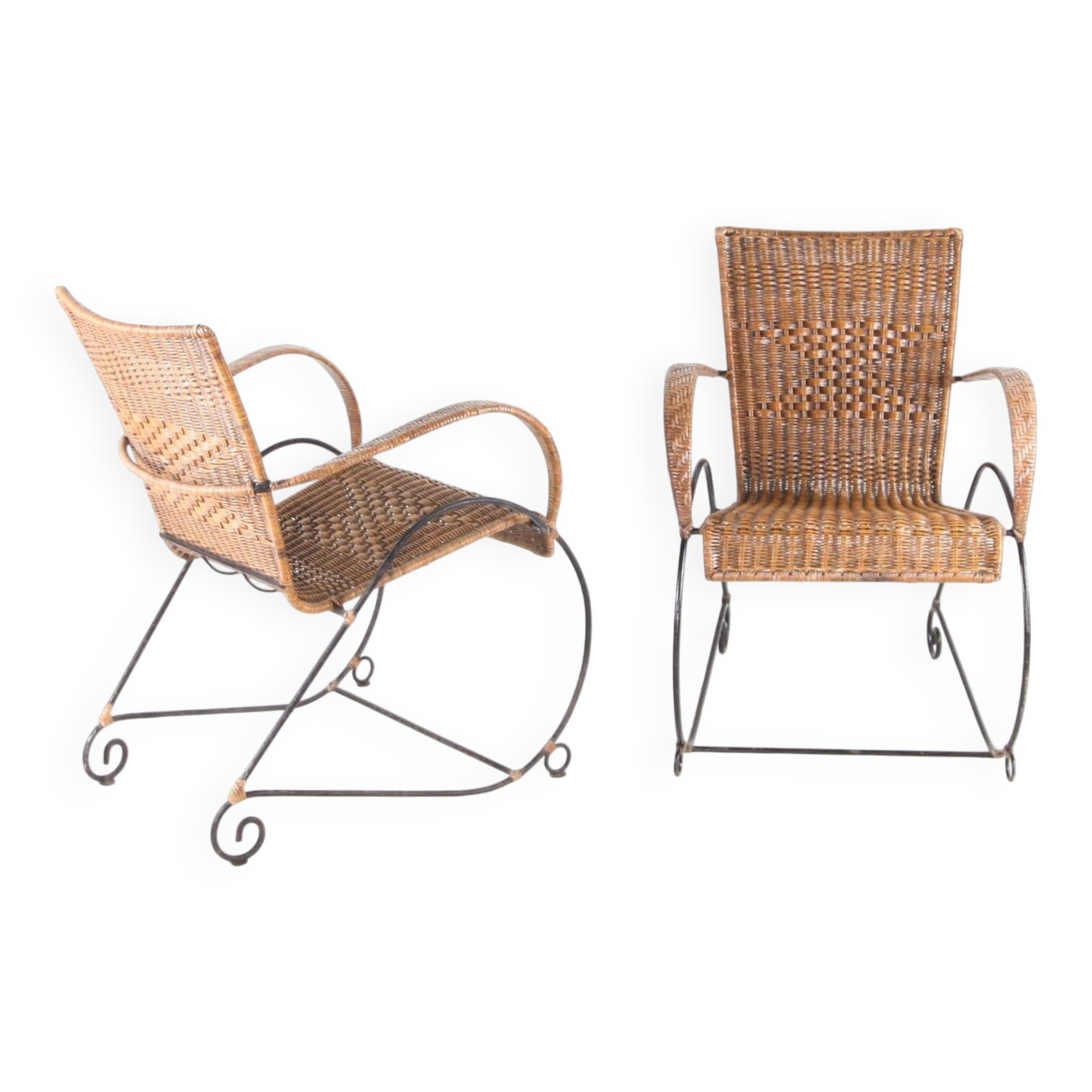 Pair of rattan and iron armchairs
