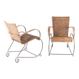 Pair of rattan and iron armchairs