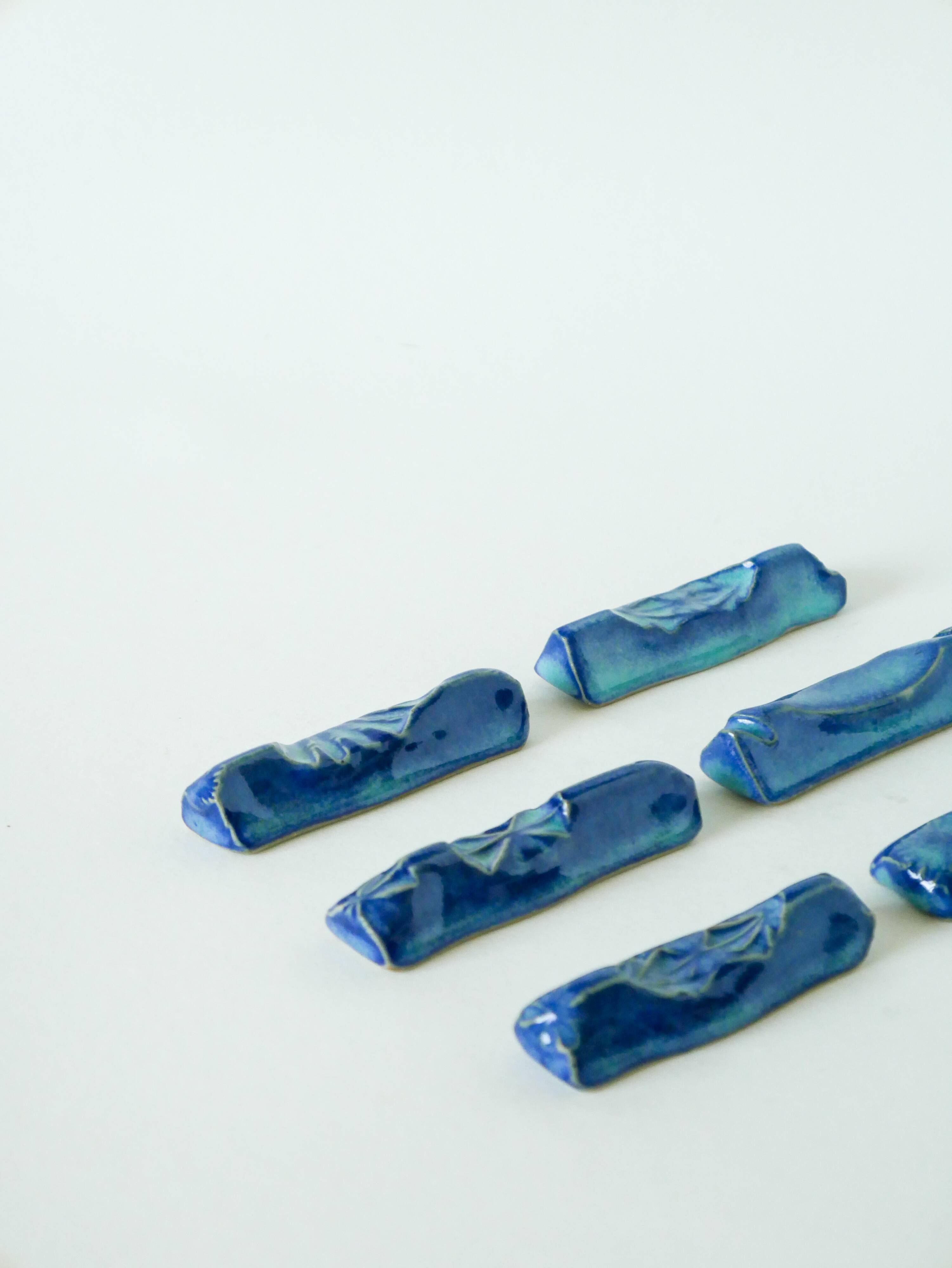 Set of 6 ceramic knife holders, handcrafted, Blue, 1970