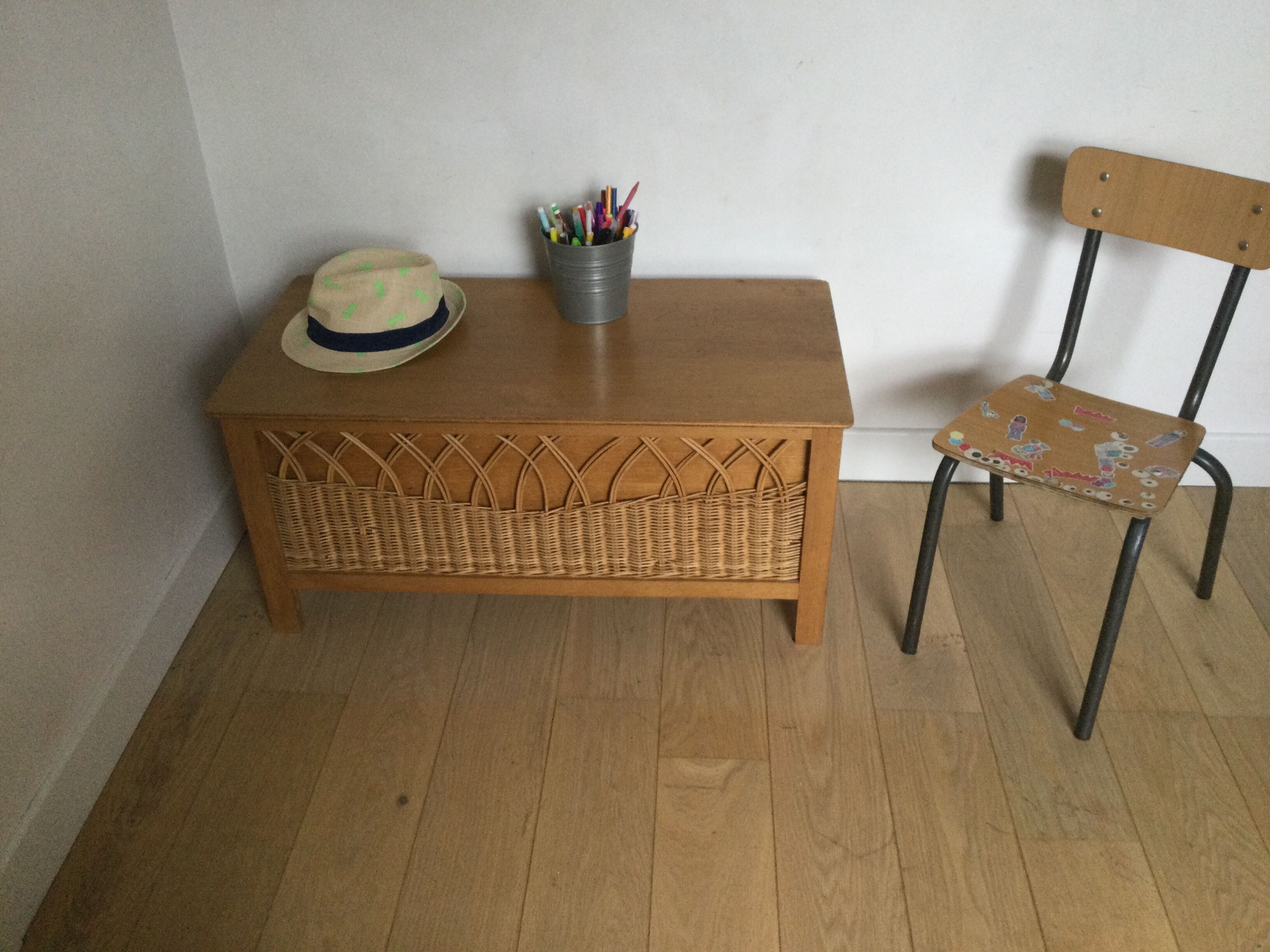 Vintage wood and rattan chest