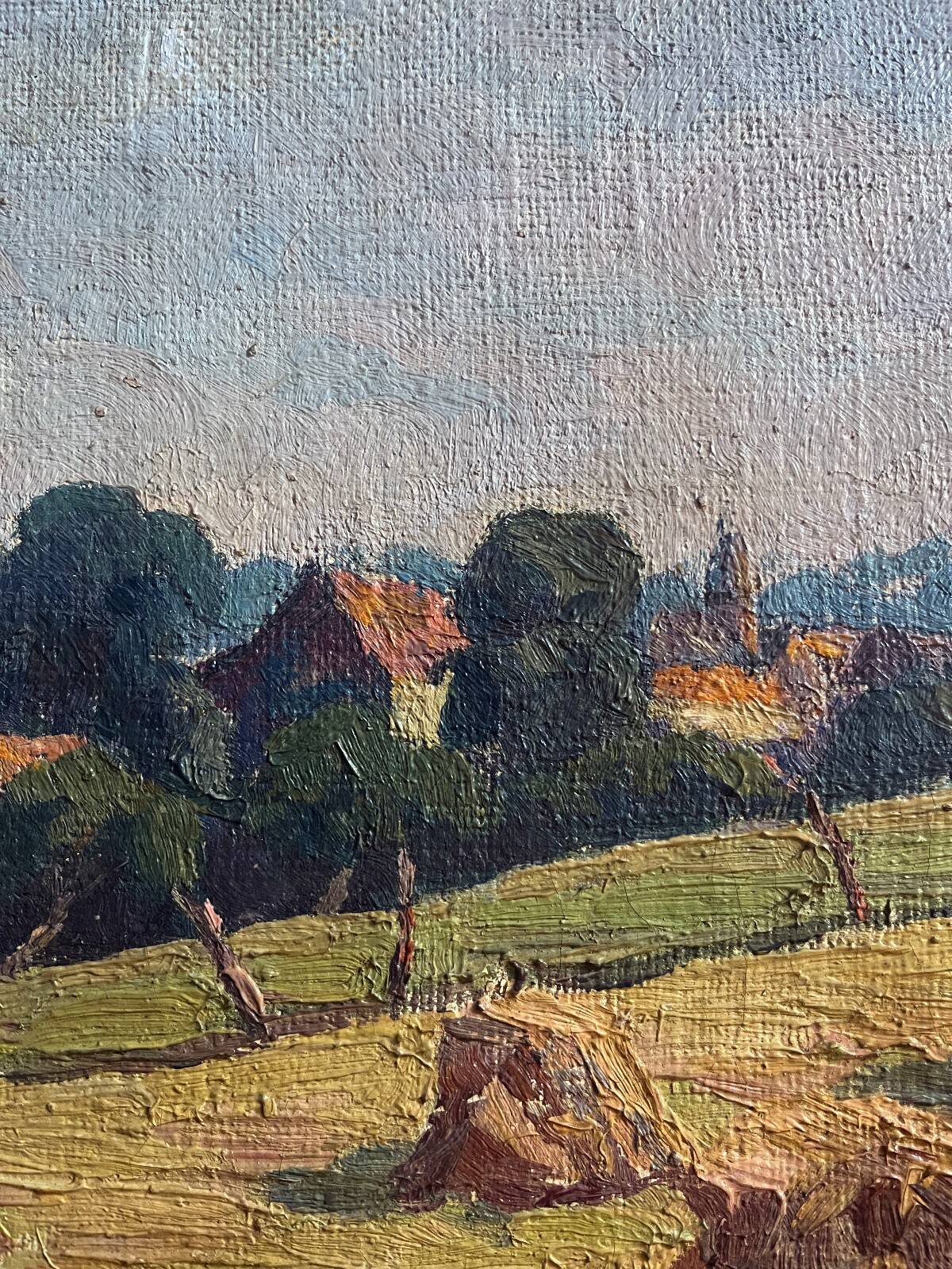 Oil painting on canvas "Landscape with Haystacks and Village" signed Post-Impressionist