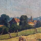 Oil painting on canvas "Landscape with Haystacks and Village" signed Post-Impressionist