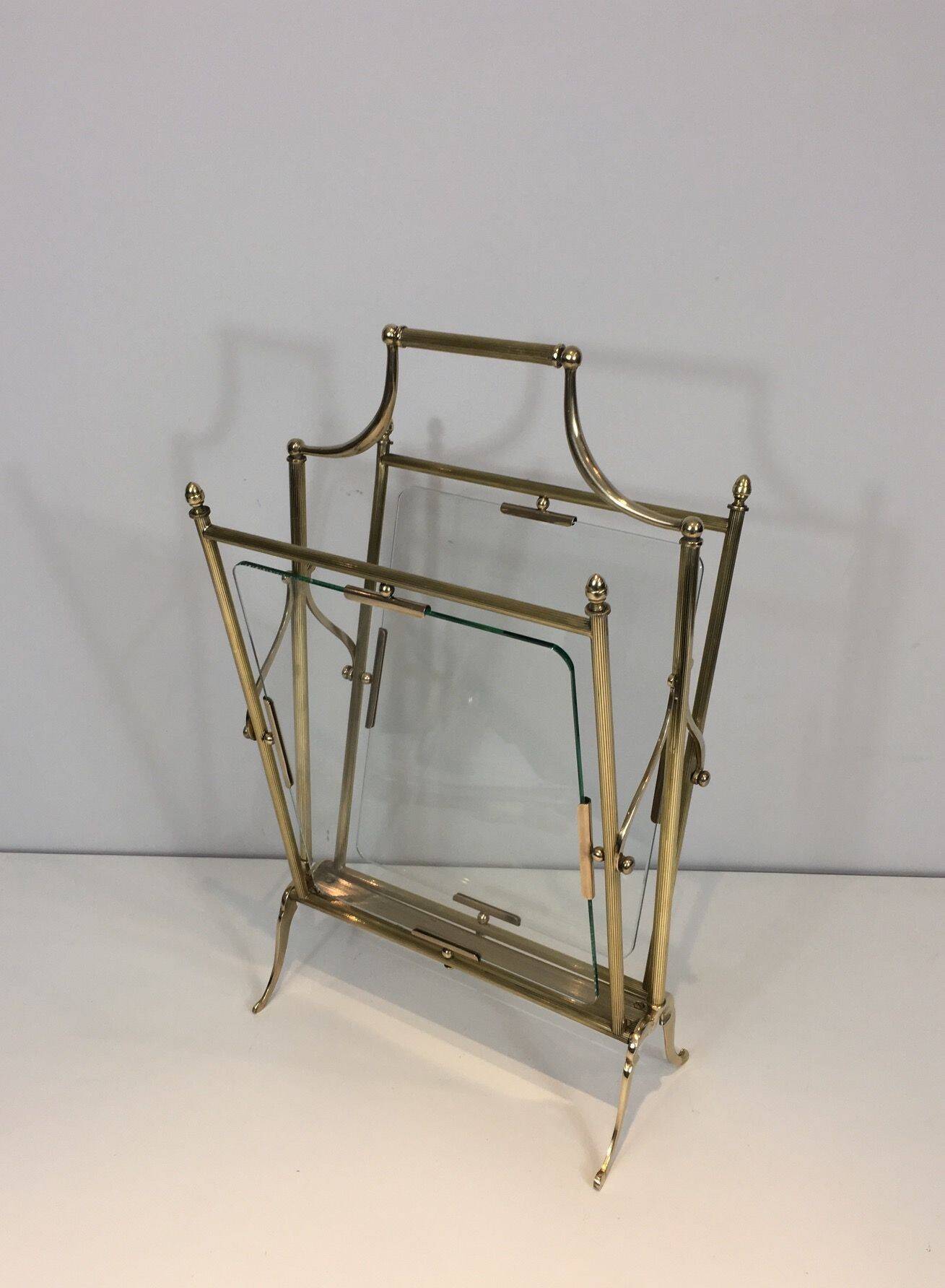 Brass and Transparent Glass Magazine Rack by Maison Jansen