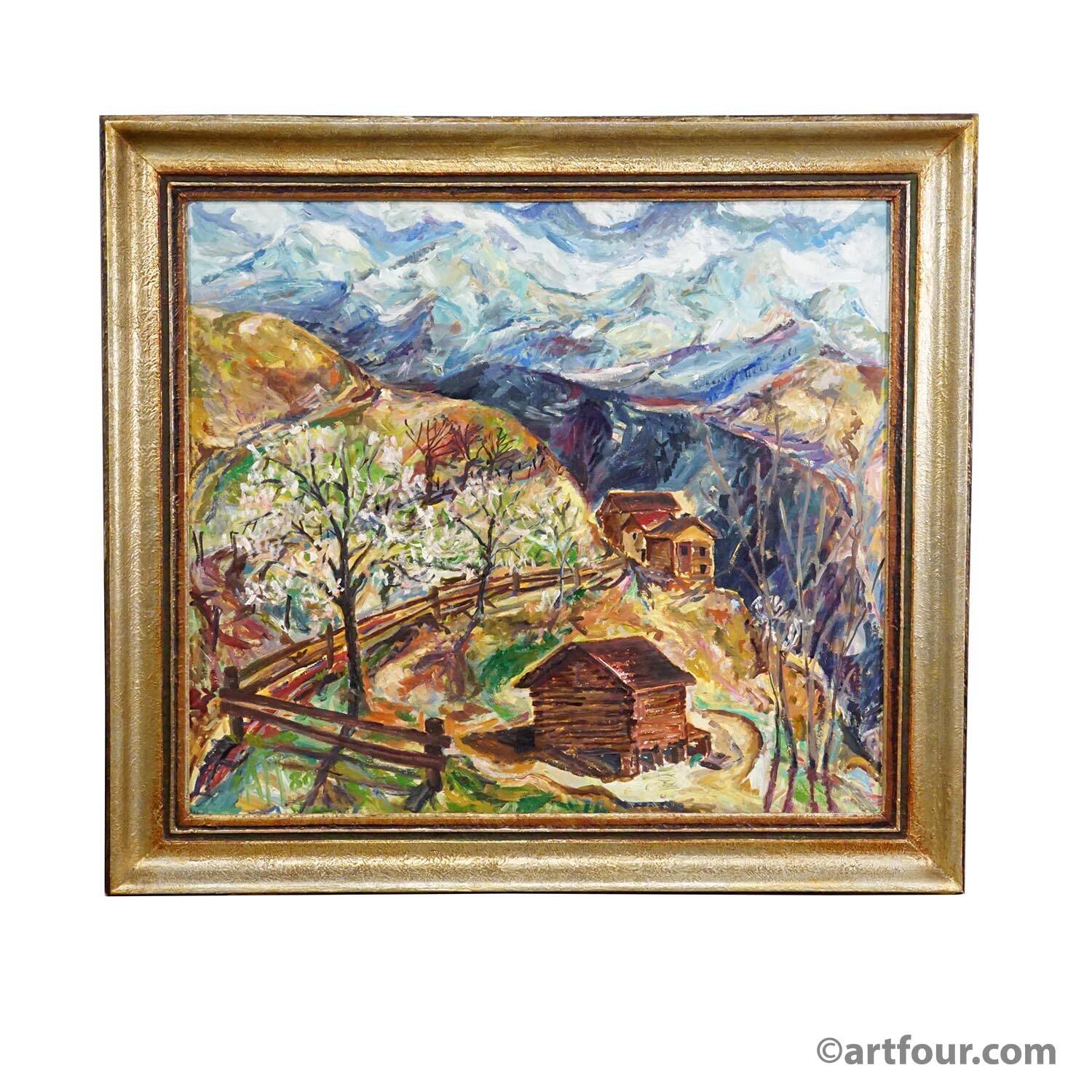 Oil painting by Alexander Michael – Mountain Chalets, 1980