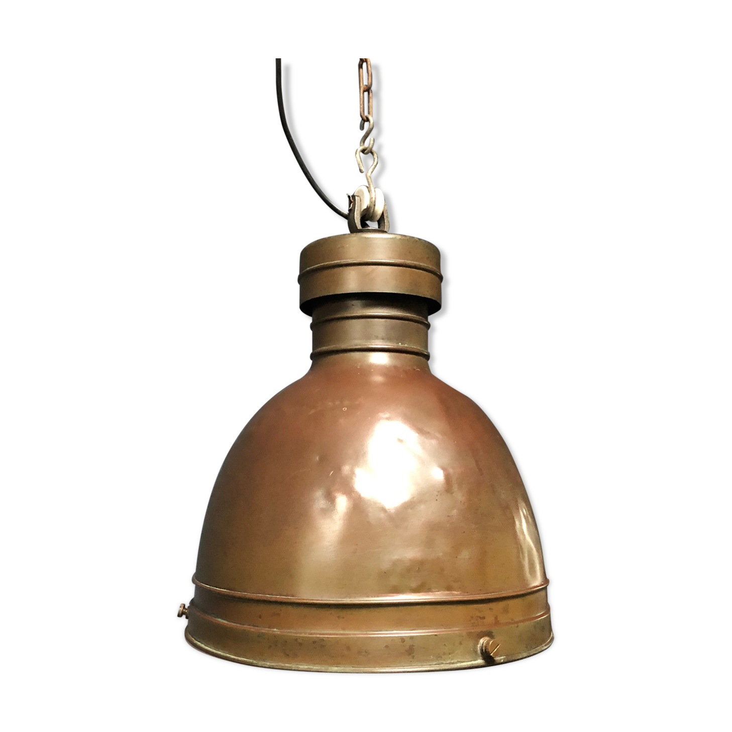 Old copper industrial church pendant light, Dutch 1930