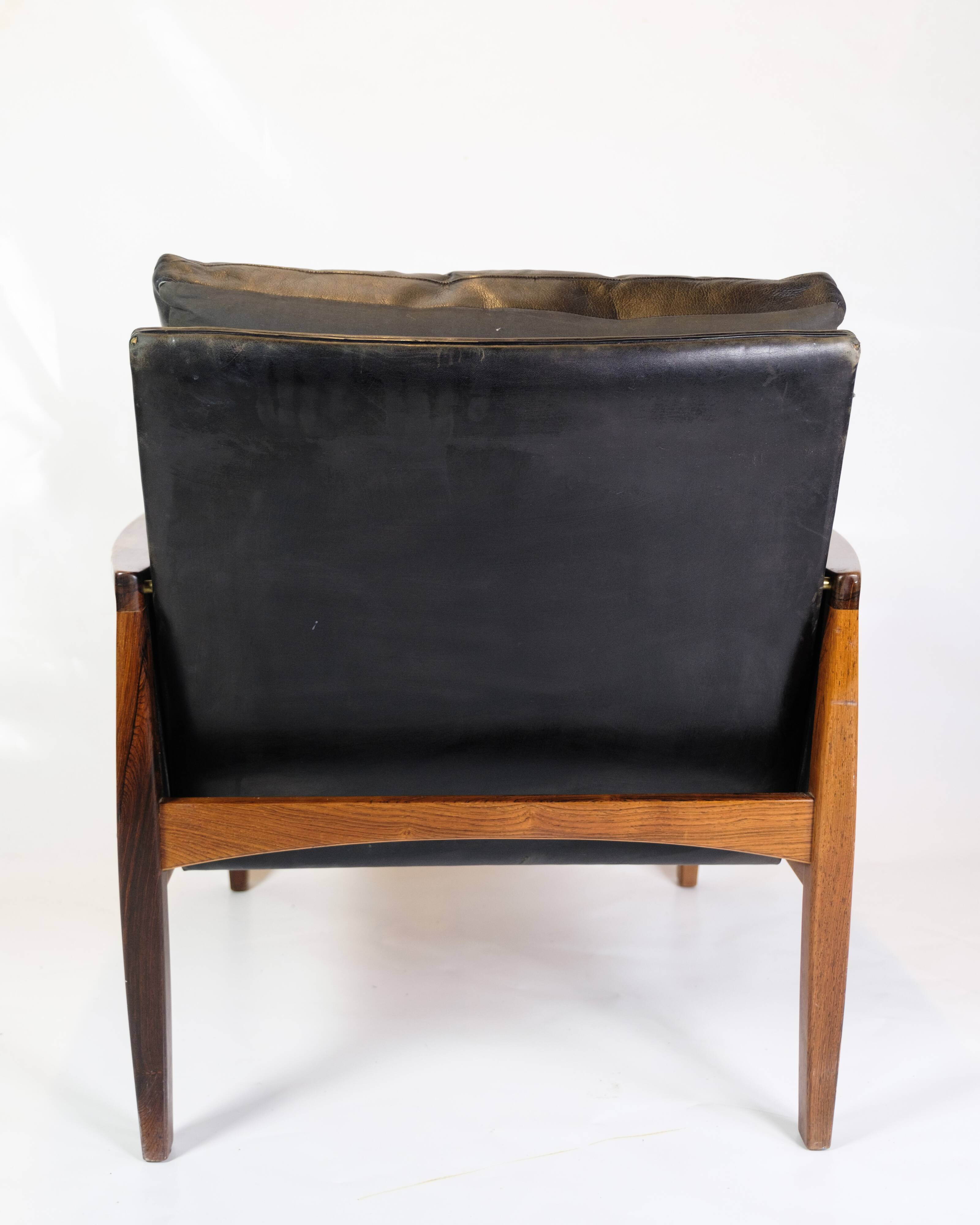 Armchair Made In Rosewood & Black Leather Cushions By Hans Olsen From 1960s