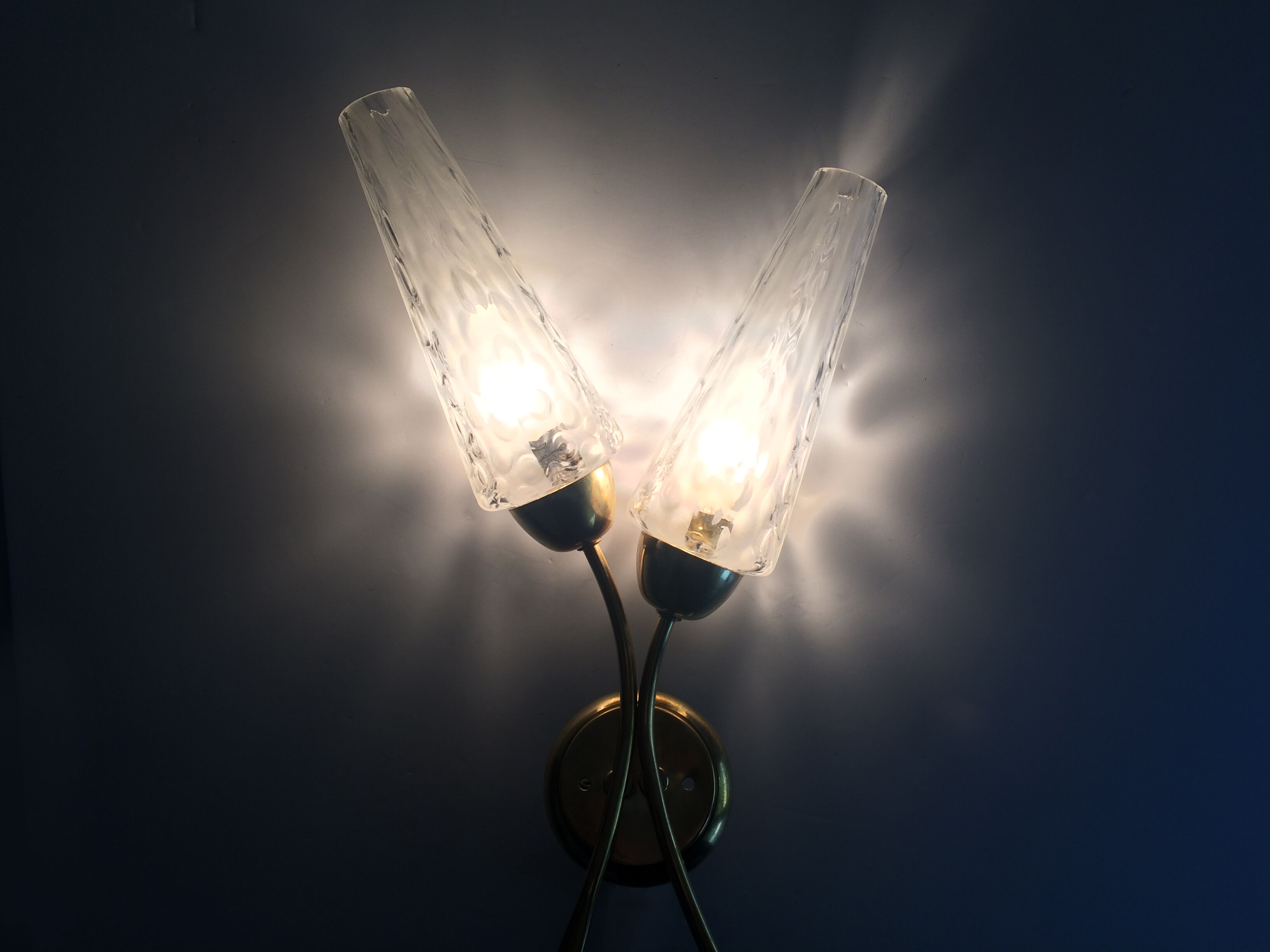 Pair of brass wall light double lights glass tubes. Year 50 60