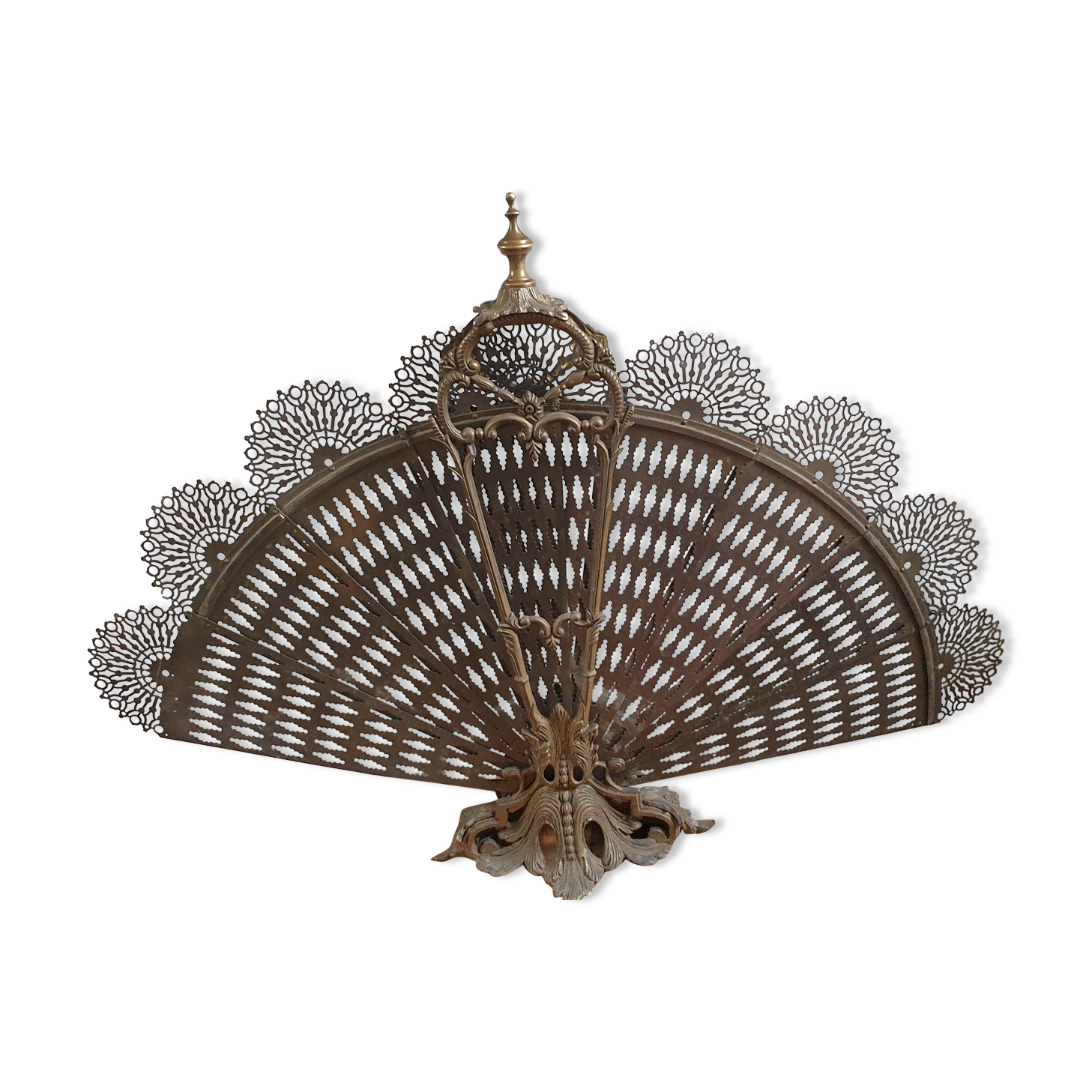 Bronze and brass peacock fan fire screen