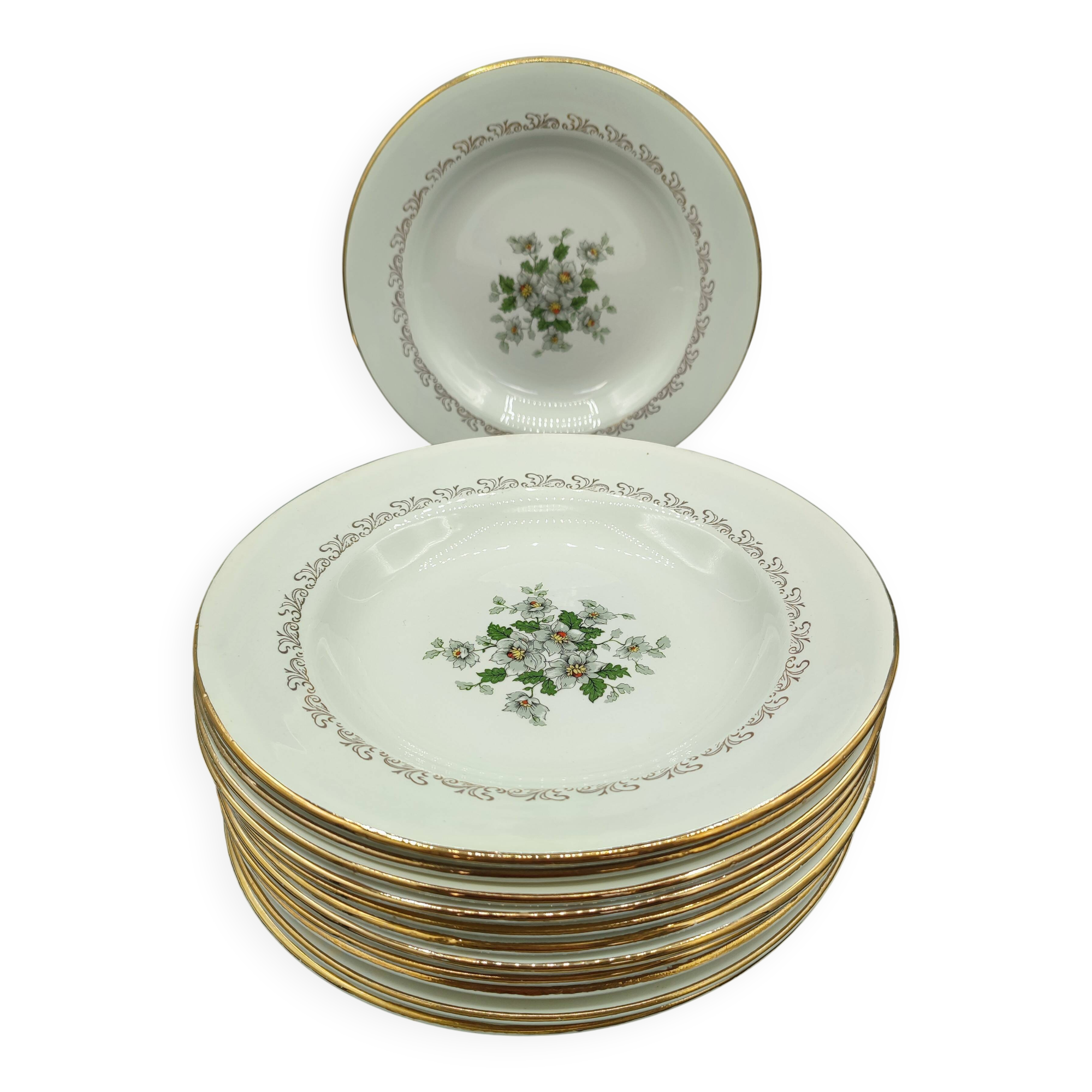 Service of 12 vintage deep plates L'Amandinois Floral Decoration and Gilding