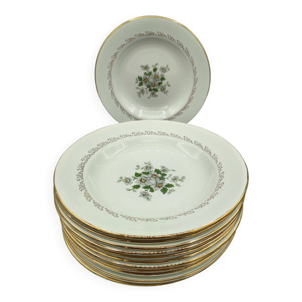Service de 12 assiettes creuses vintage L'Amandinois Décor Floral et Dorure