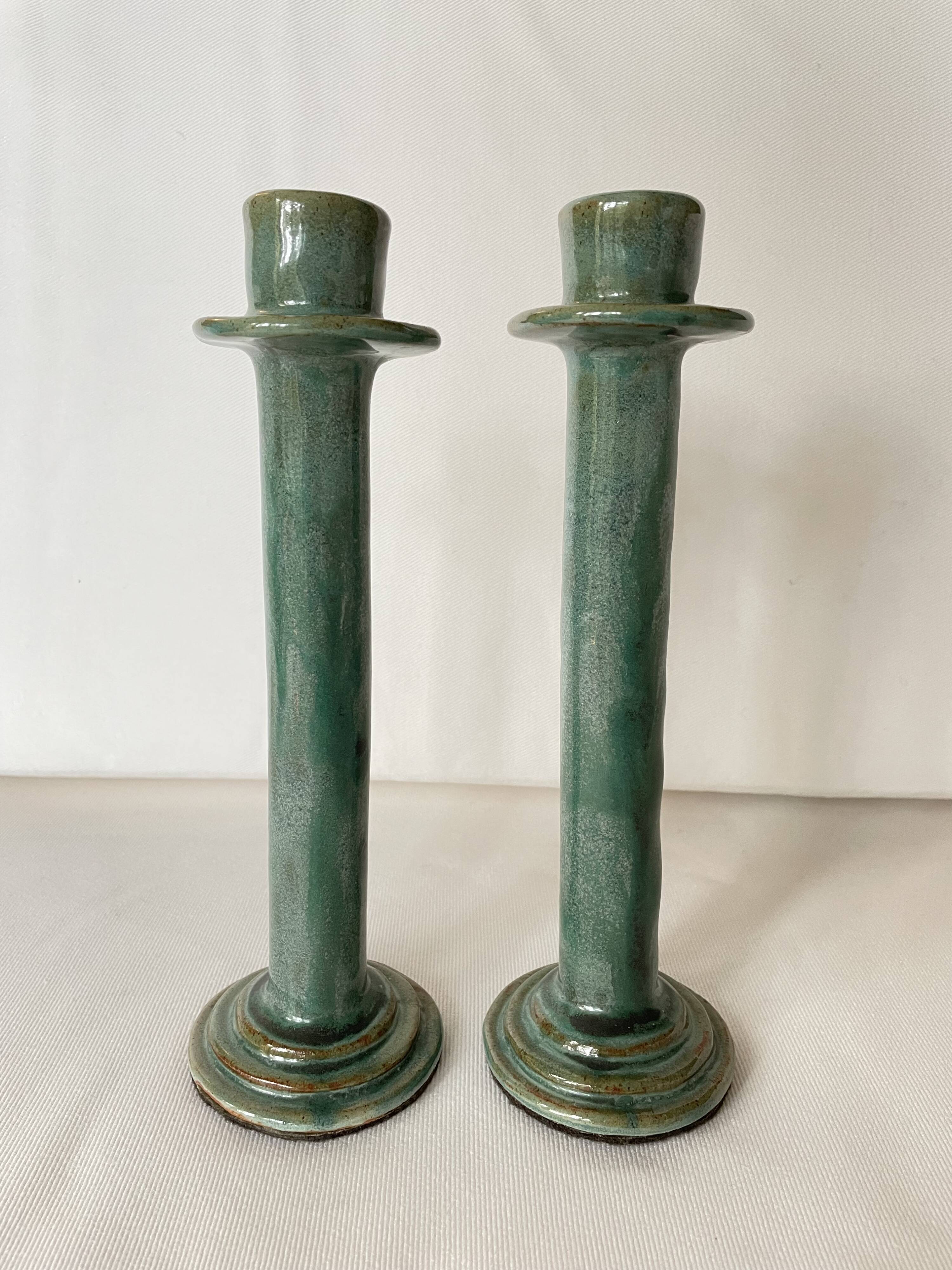 Set de 2 bougeoirs vert foncé, céramique émaillée