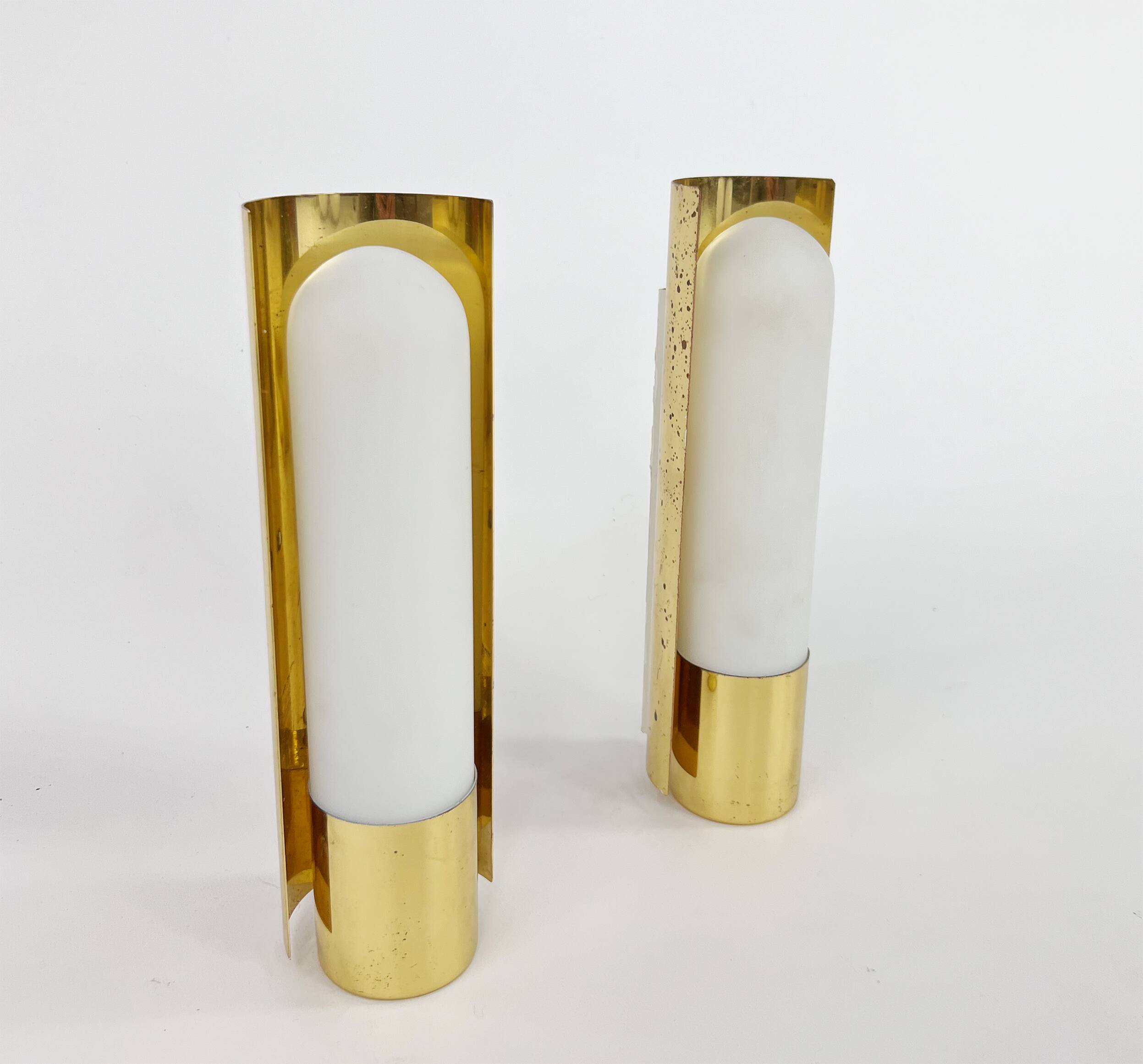 Hollywood Regency Set of 2 Brass and Opaline Glass Scones from Glashütte Limburg, 1970s