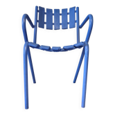 1950s garden armchair in wood and ultramarine blue metal