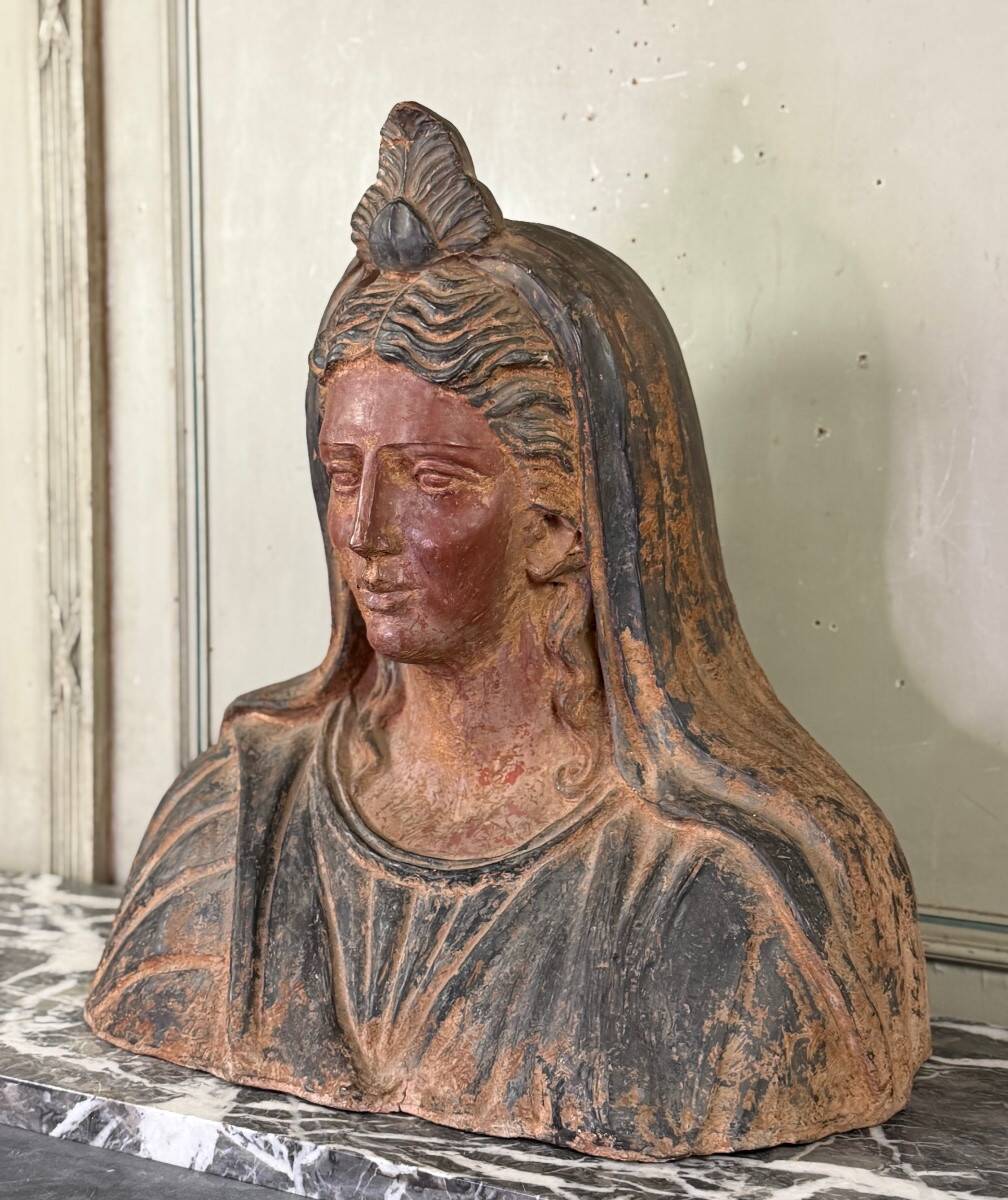 Etruscan-style terracotta bust, large-scale object, 19th century