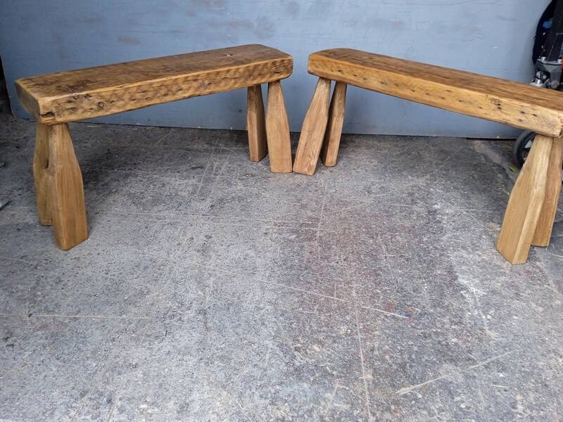 Pair of 2 patinated solid wood benches / stools