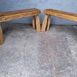Pair of 2 patinated solid wood benches / stools