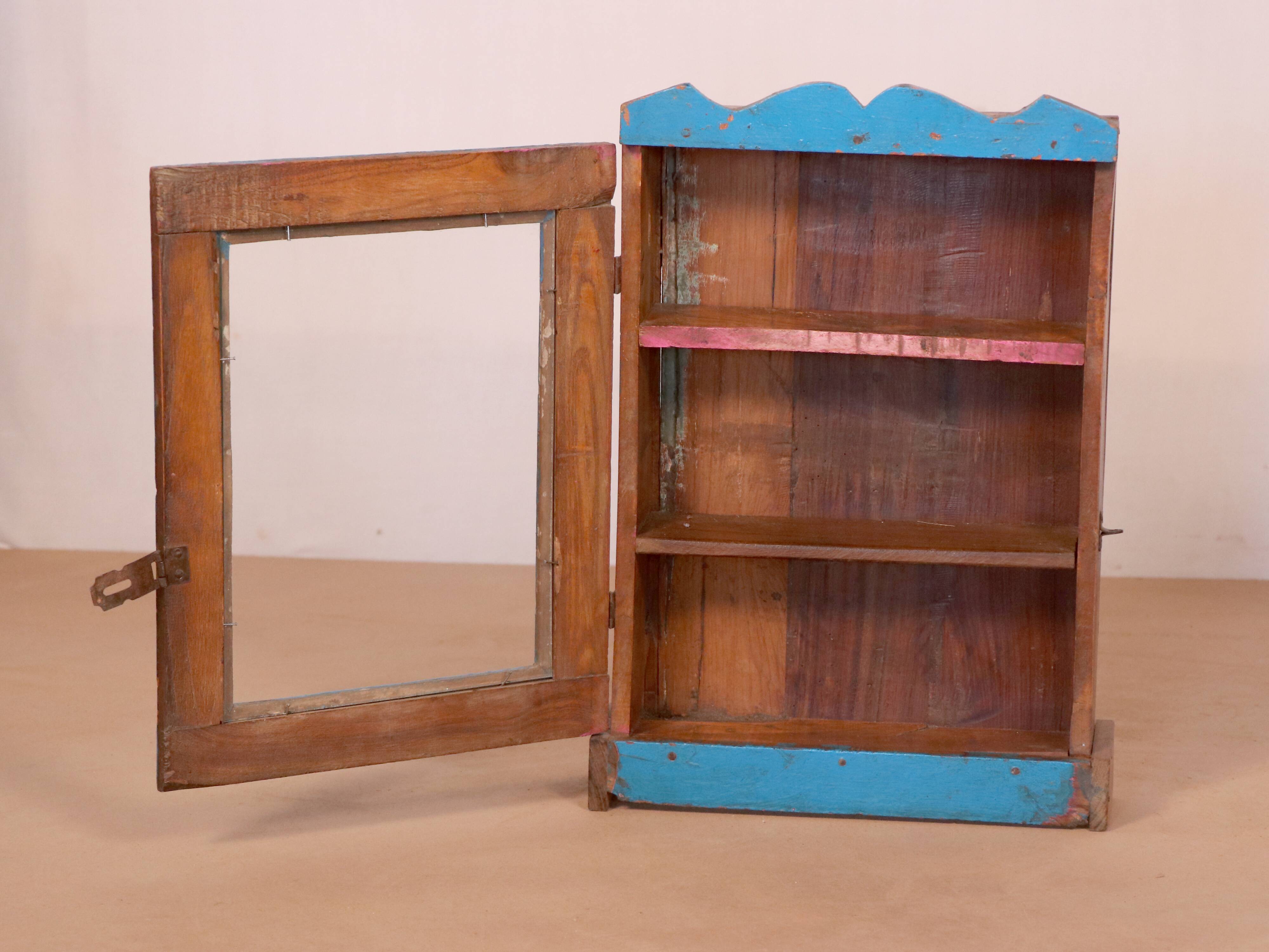 Old art deco wall display case in original blue teak burmese patina