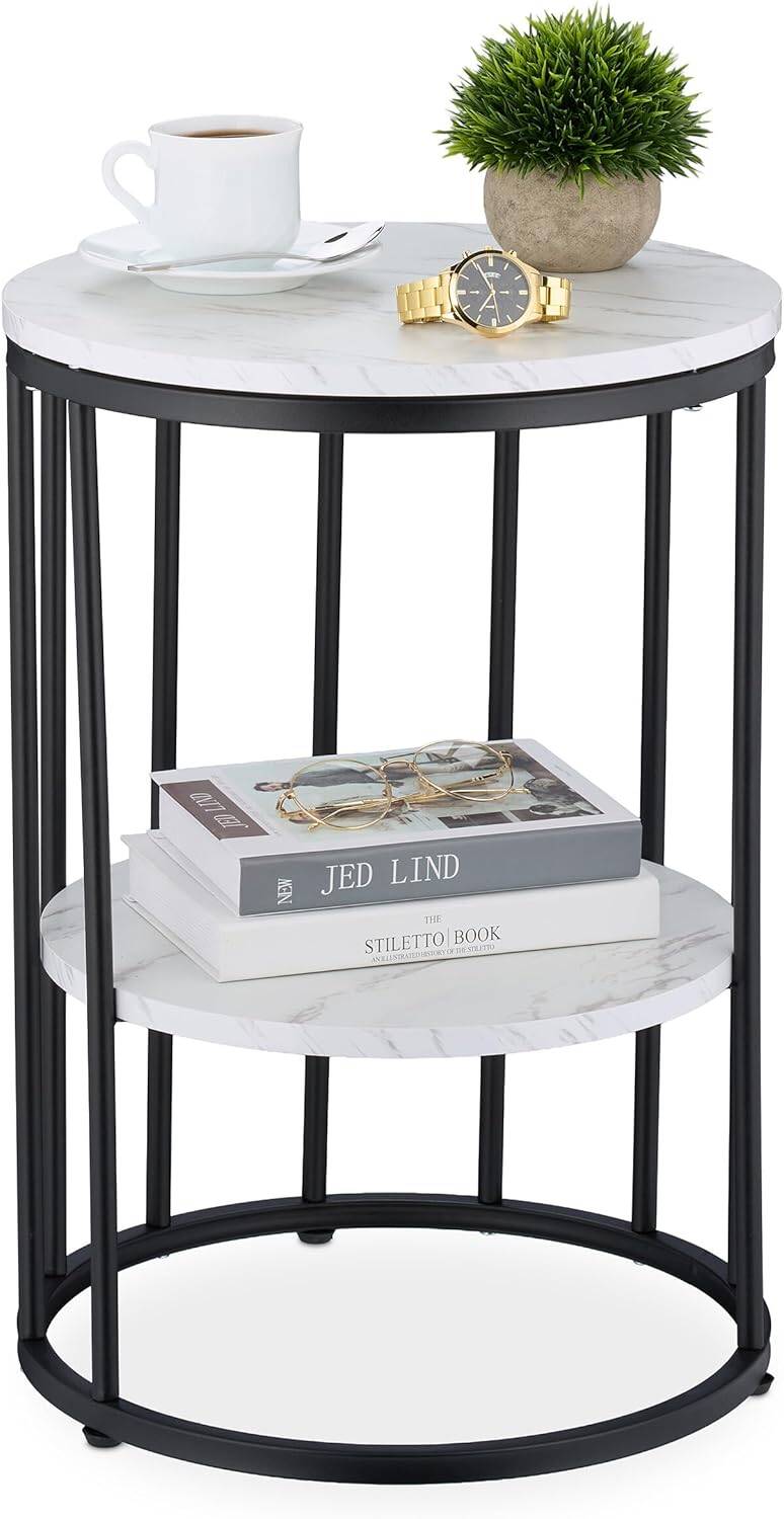 Relaxdays Side Table, 2 Marble Look Tabletops, Metal and MDF, H x D: 57 x 40 cm, for Living Room, White and Gold