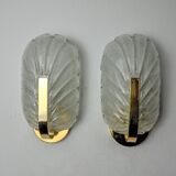 Pair of frosted leaf sconces, murano glass, italy, 1970