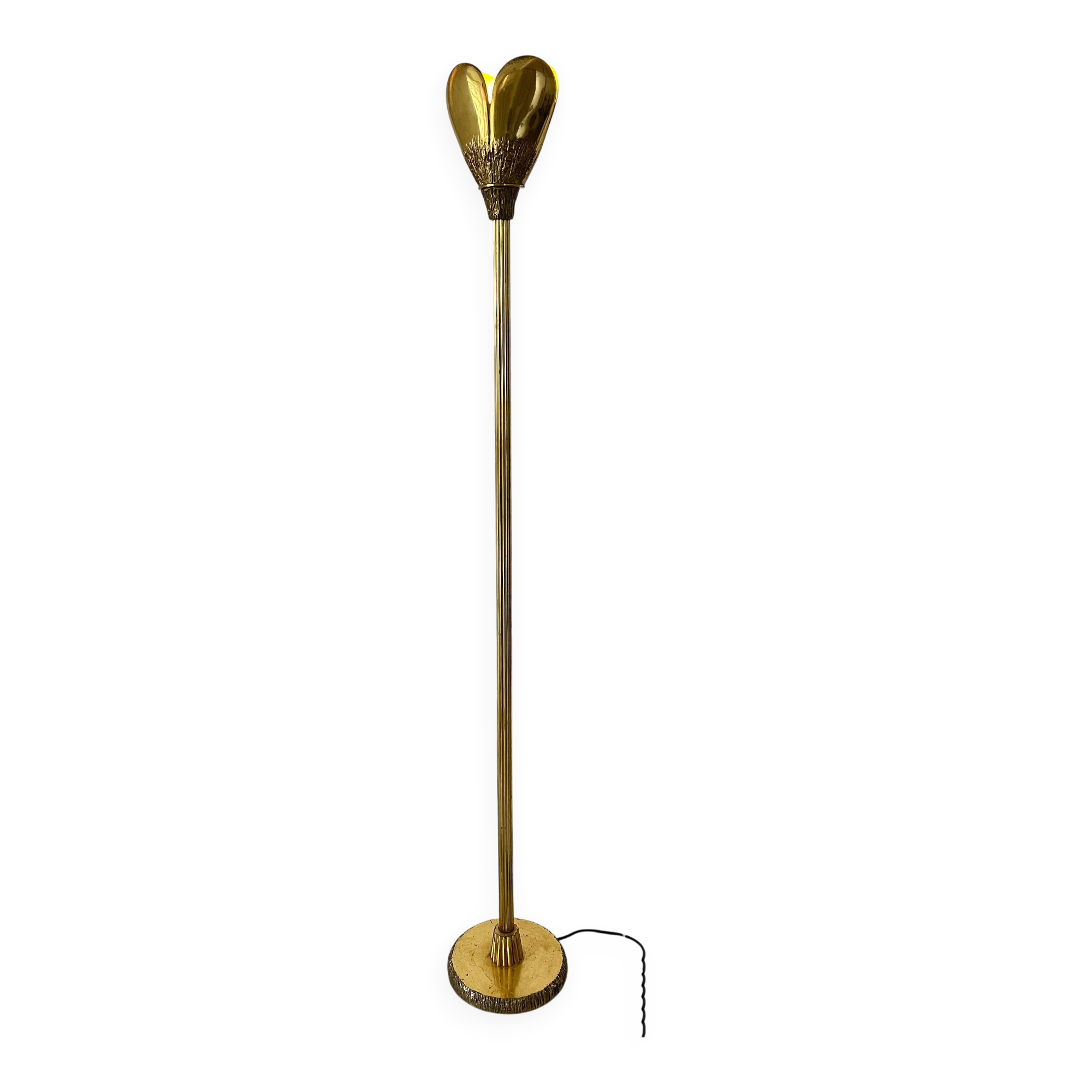 Vintage 50s Italian brass sculptural floor lamp, heart shaped shade, bark finish