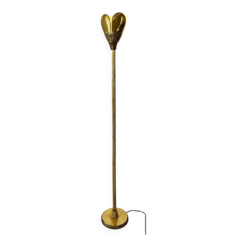 Vintage 50s Italian brass sculptural floor lamp, heart shaped shade, bark finish