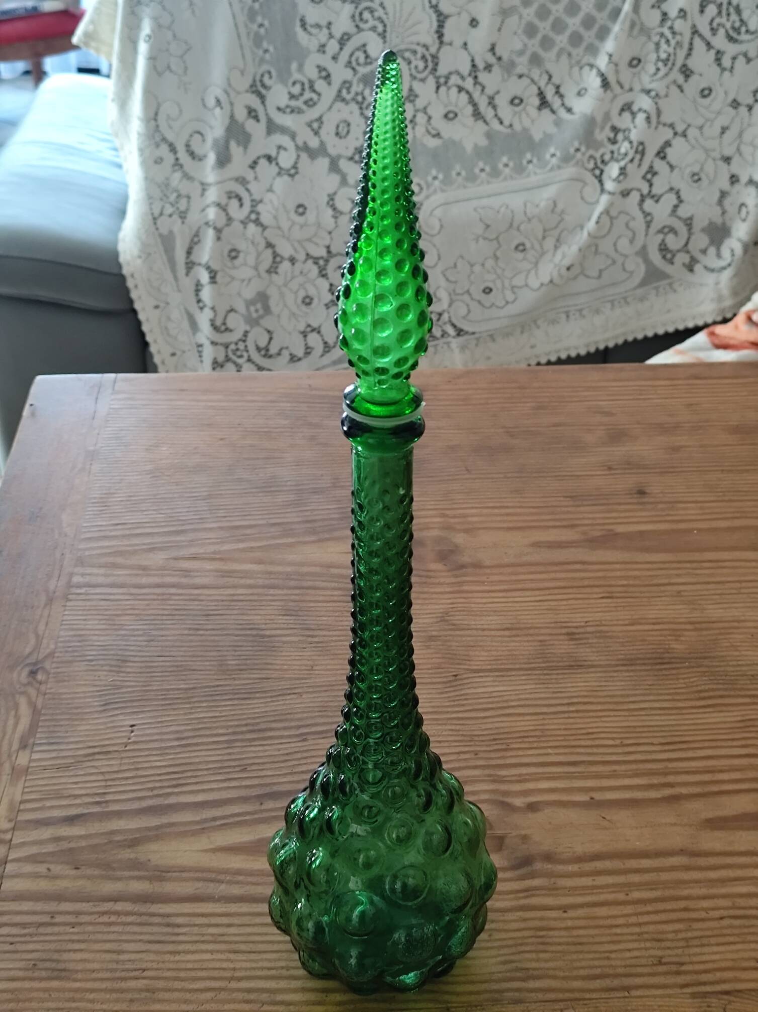 Italian carafe in Empoli glass, Boules model, green color, year 60.