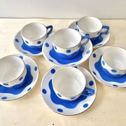 Set of 6 Sarreguemines Digoin earthenware coffee cups with art deco polka dots, 1930s
