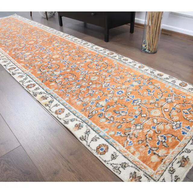Vintage Turkish Oushak Handmade Wool Cotton Orange Runner 80x318