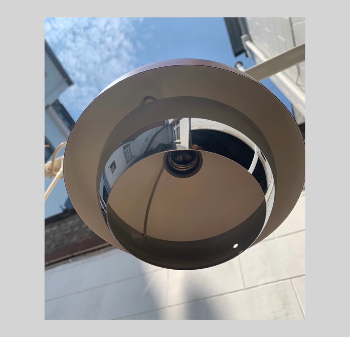 Trio of vintage burgundy and chrome pendant lamps