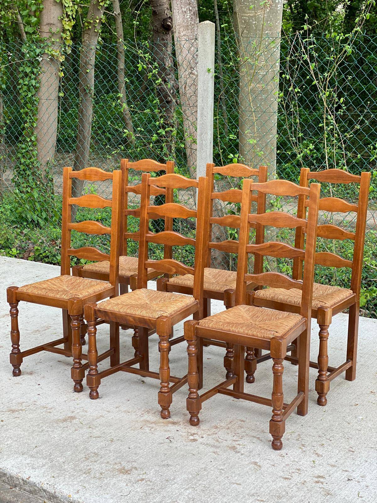 6 solid oak and straw chairs with high backs