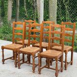 6 solid oak and straw chairs with high backs