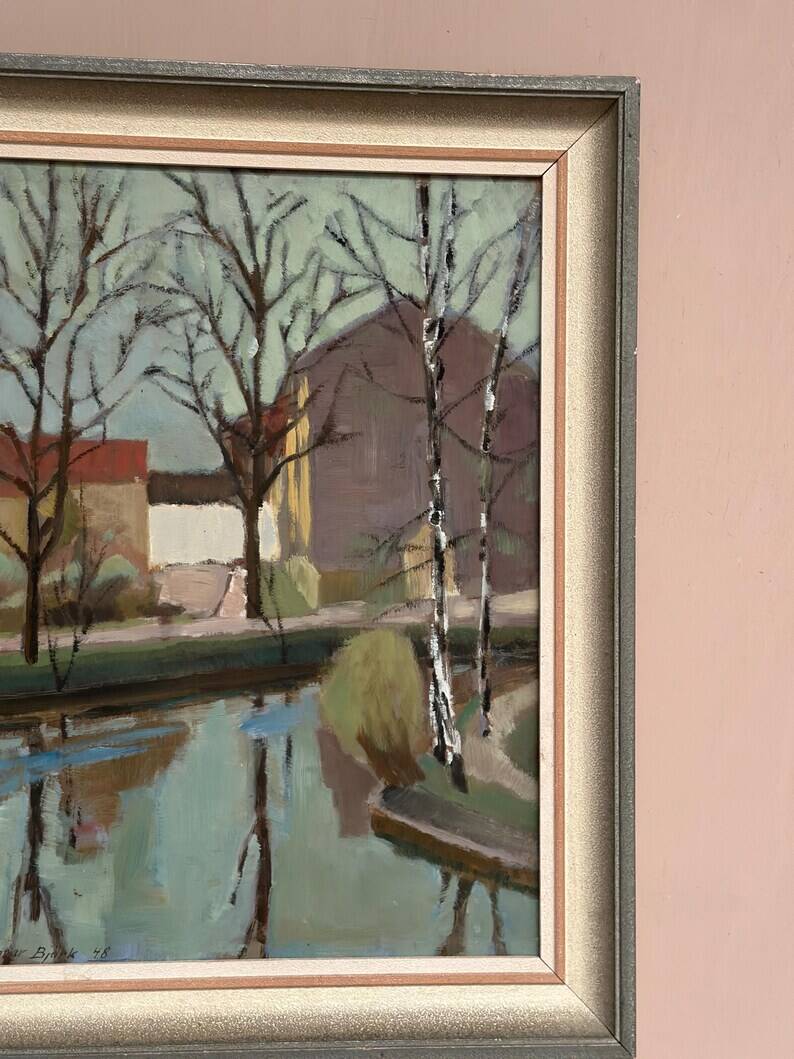 Original Swedish Oil on Canvas - "Landscape with Trees and Buildings" by Ingvar Björk - 1948 - Vintage - Framed - 62 × 48 cm (24.4" × 18.9")