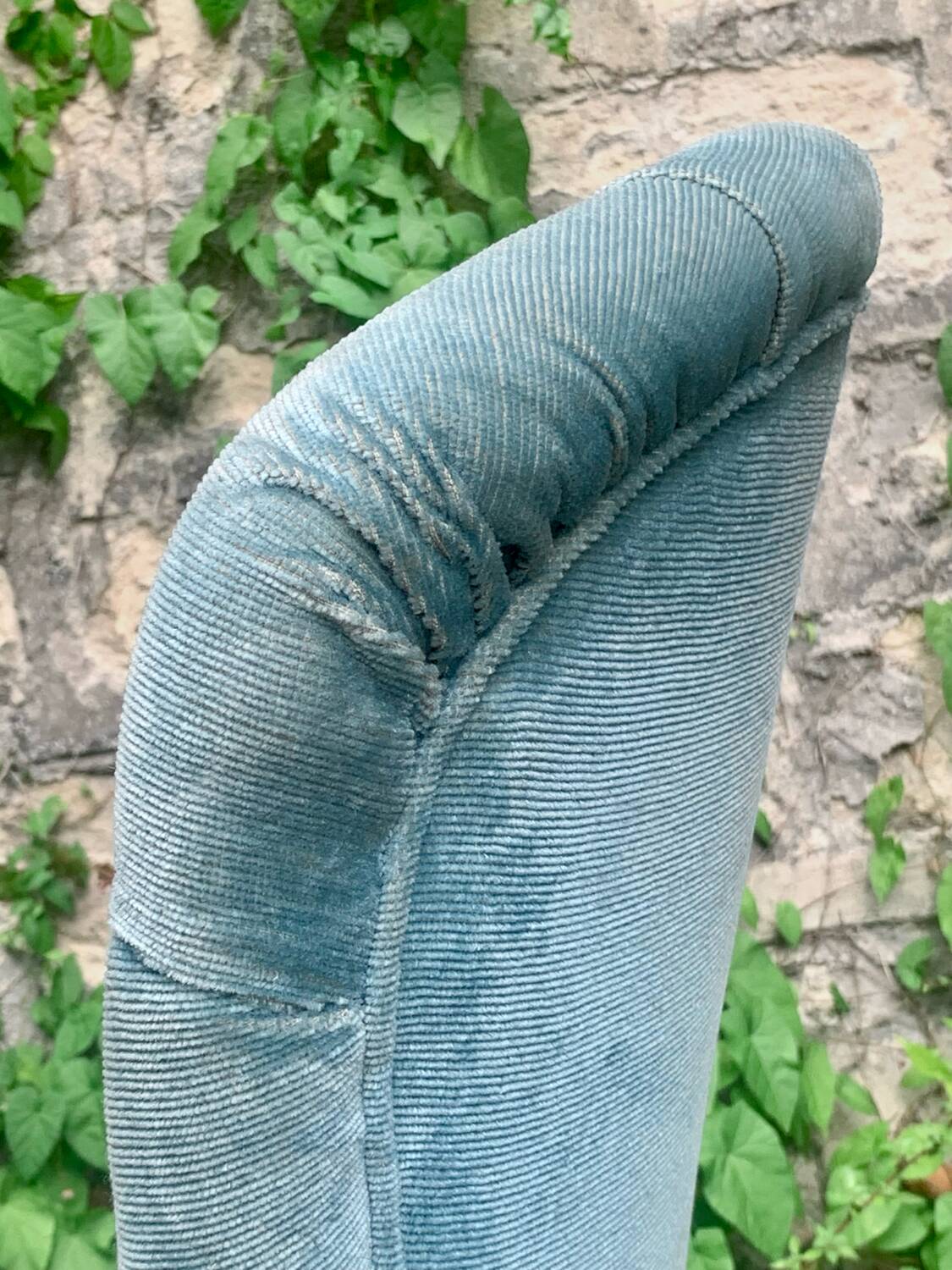 Pair of vintage blue velvet upholstered toad armchairs from the 1970s
