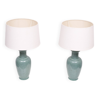 A pair of celadon crackle glazed porcelain vases mounted as table lamps.