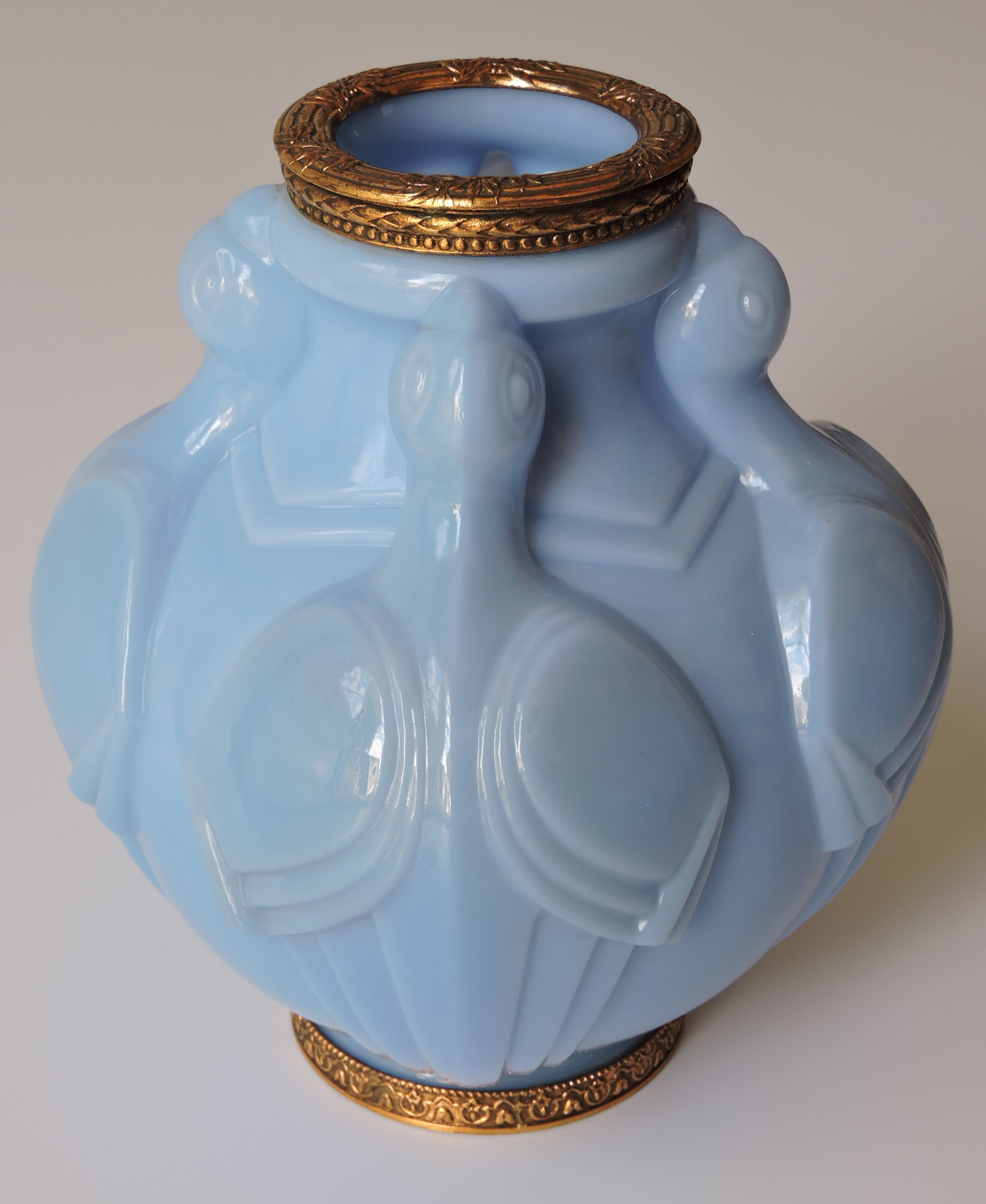 Art Deco vase in molded and pressed opaline. Stamped CLA France décor of Birds