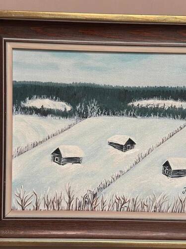 Swedish Oil on Canvas “Houses in the snow” by Nik 79 Vintage & Framed 35x30cm