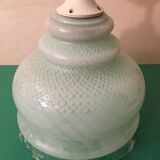 Suspension in pale green opaque glass with grid patterns. Hemmed edge