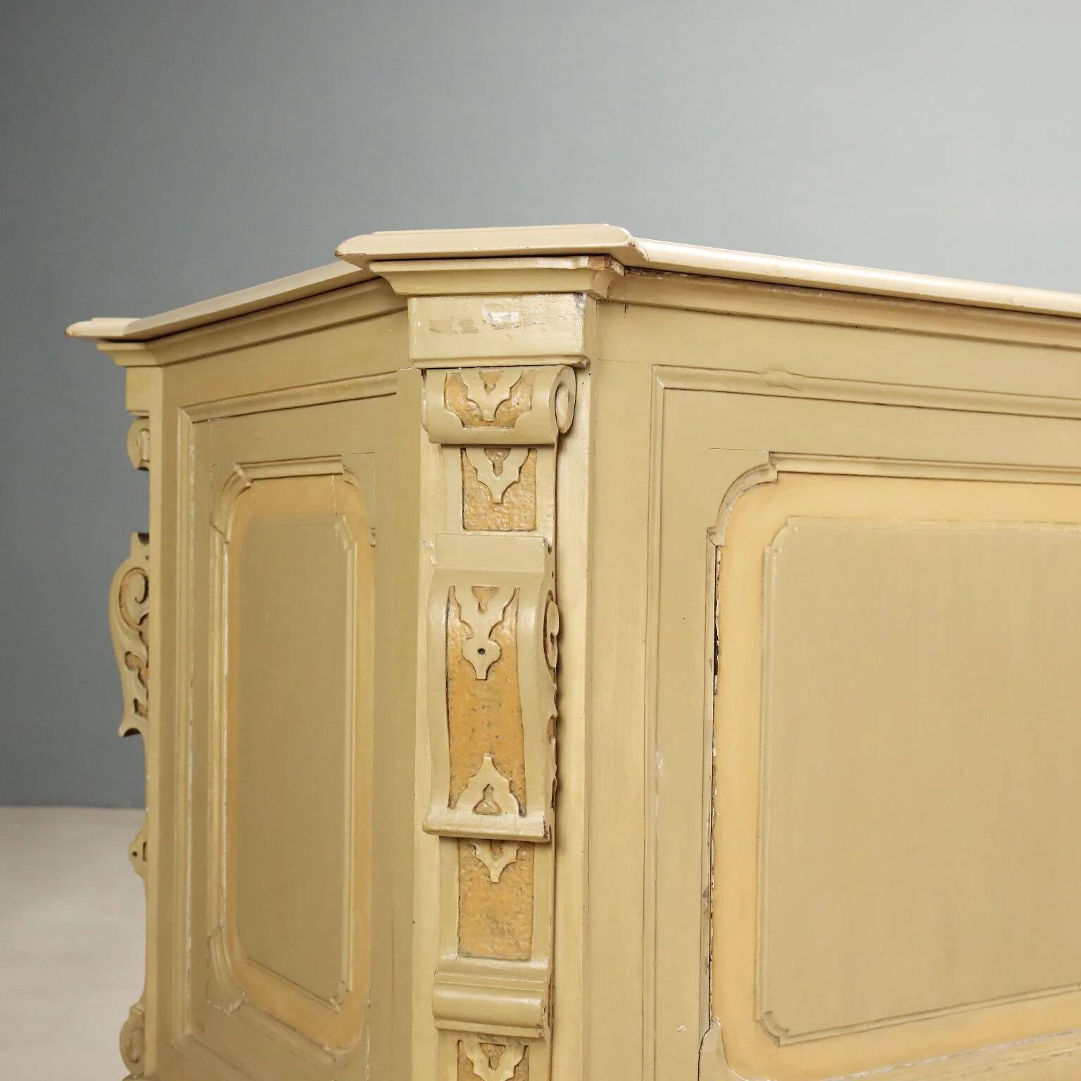 Antique pharmacy counter in lacquered walnut, Italy, late 19th century.