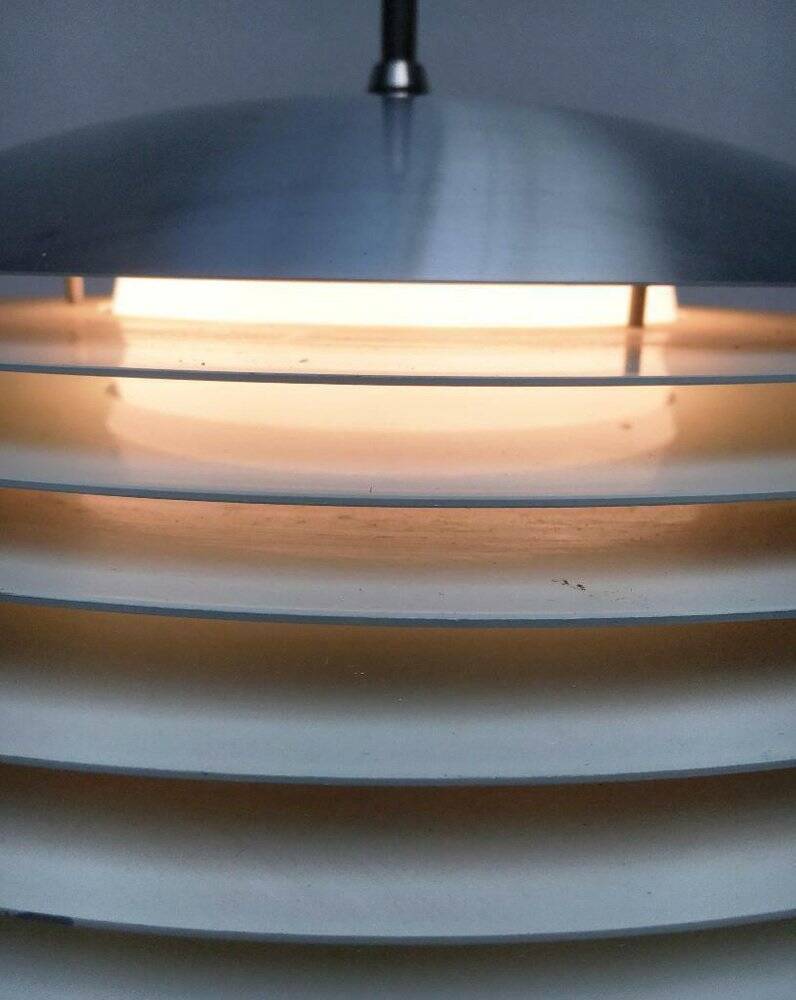 German pendant lamp in aluminium and glass from the Mid-Century space by Doria, 1960s.