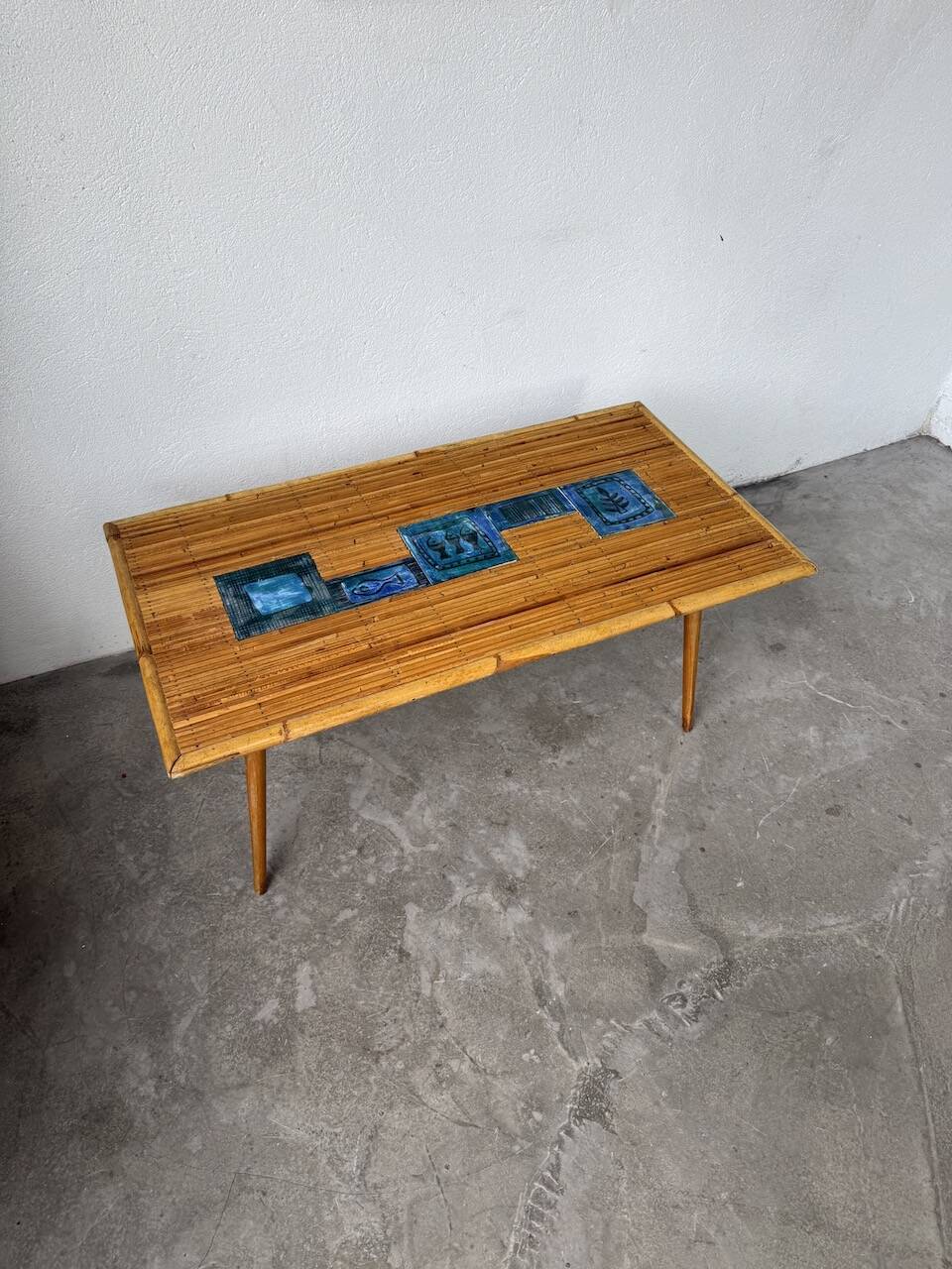 Rattan and ceramic coffee table, 60s