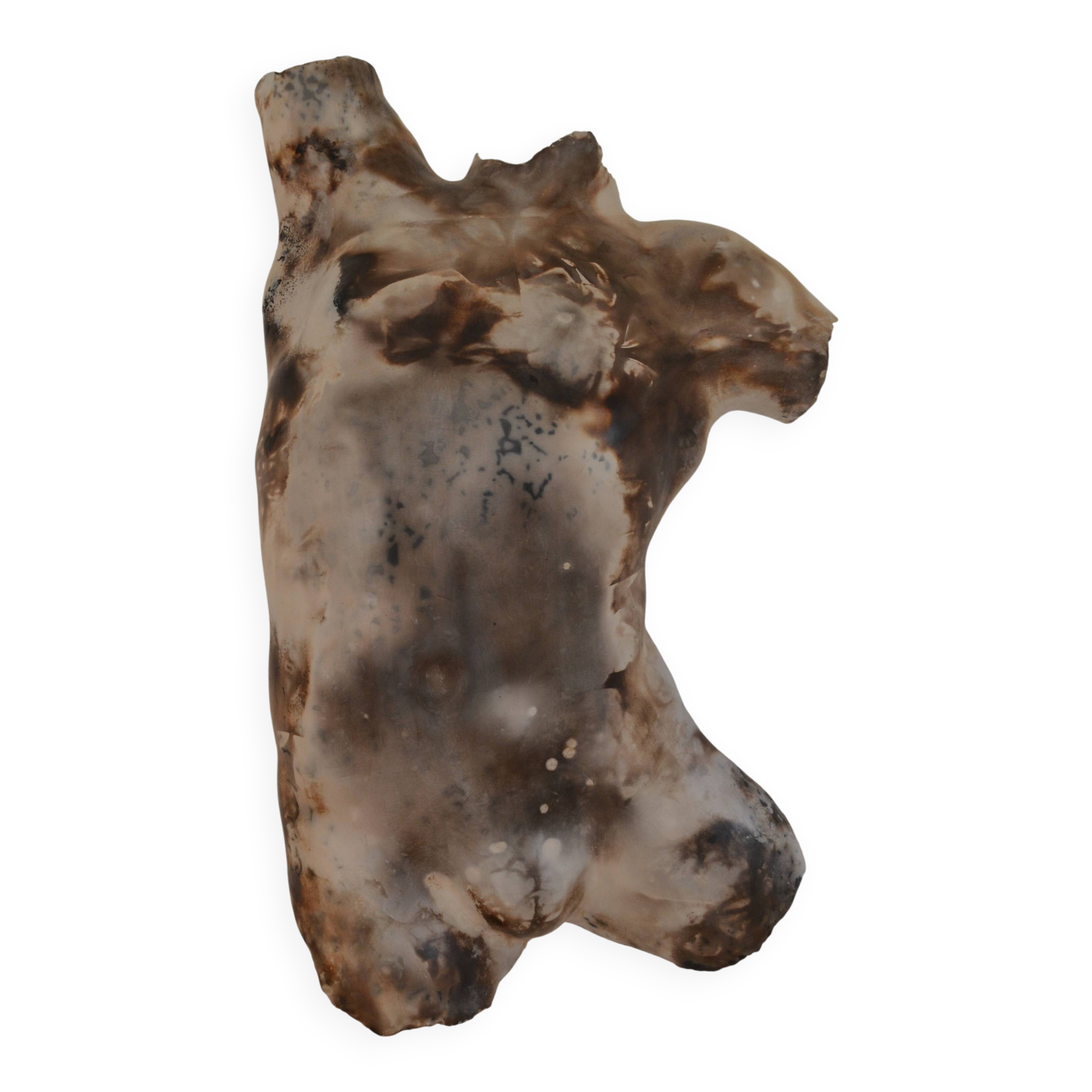 Male torso sculpture by patinated casting, signed to be identified.