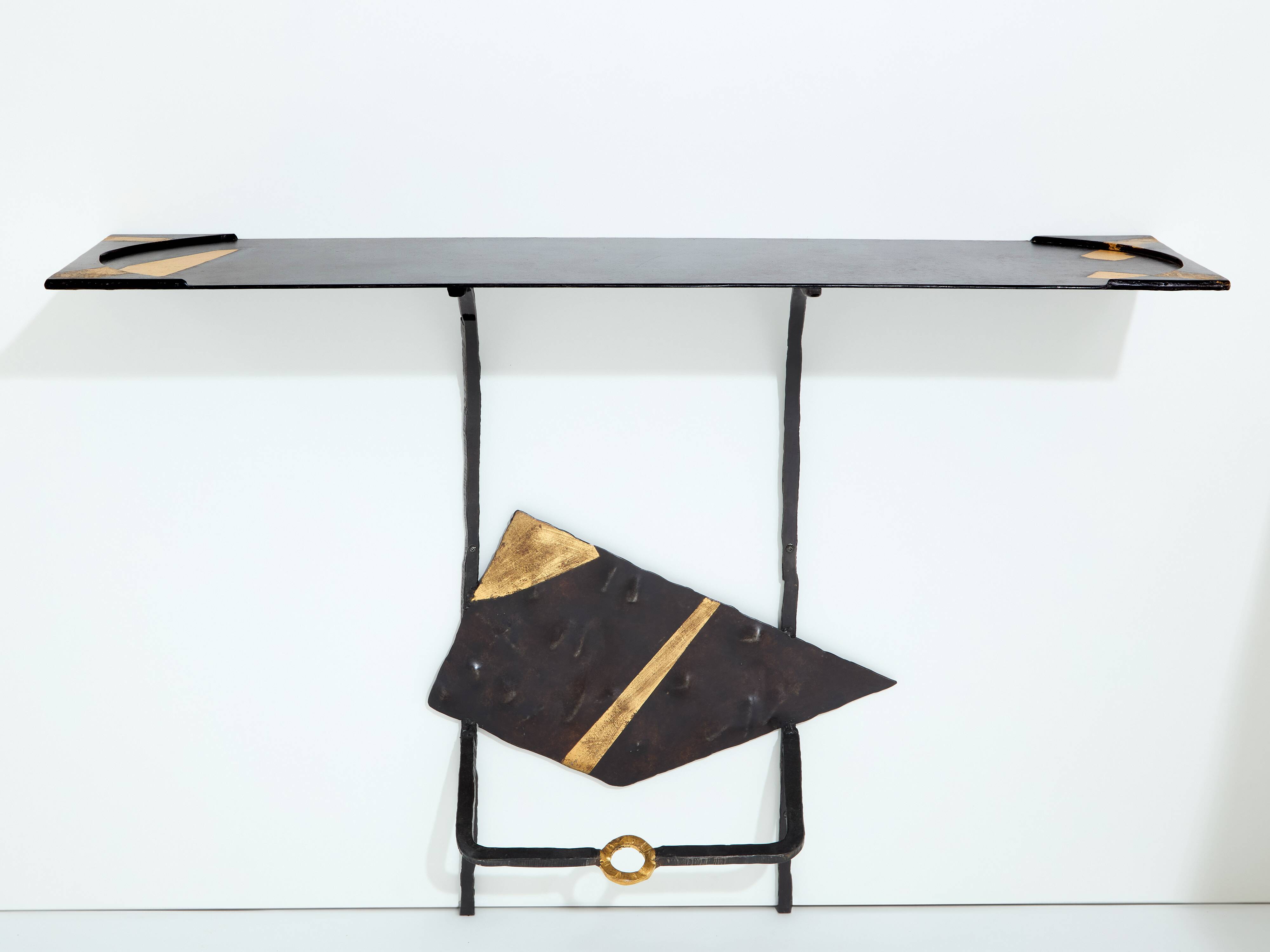 Pair of brutalist wrought iron consoles by Argueyrolles 1990