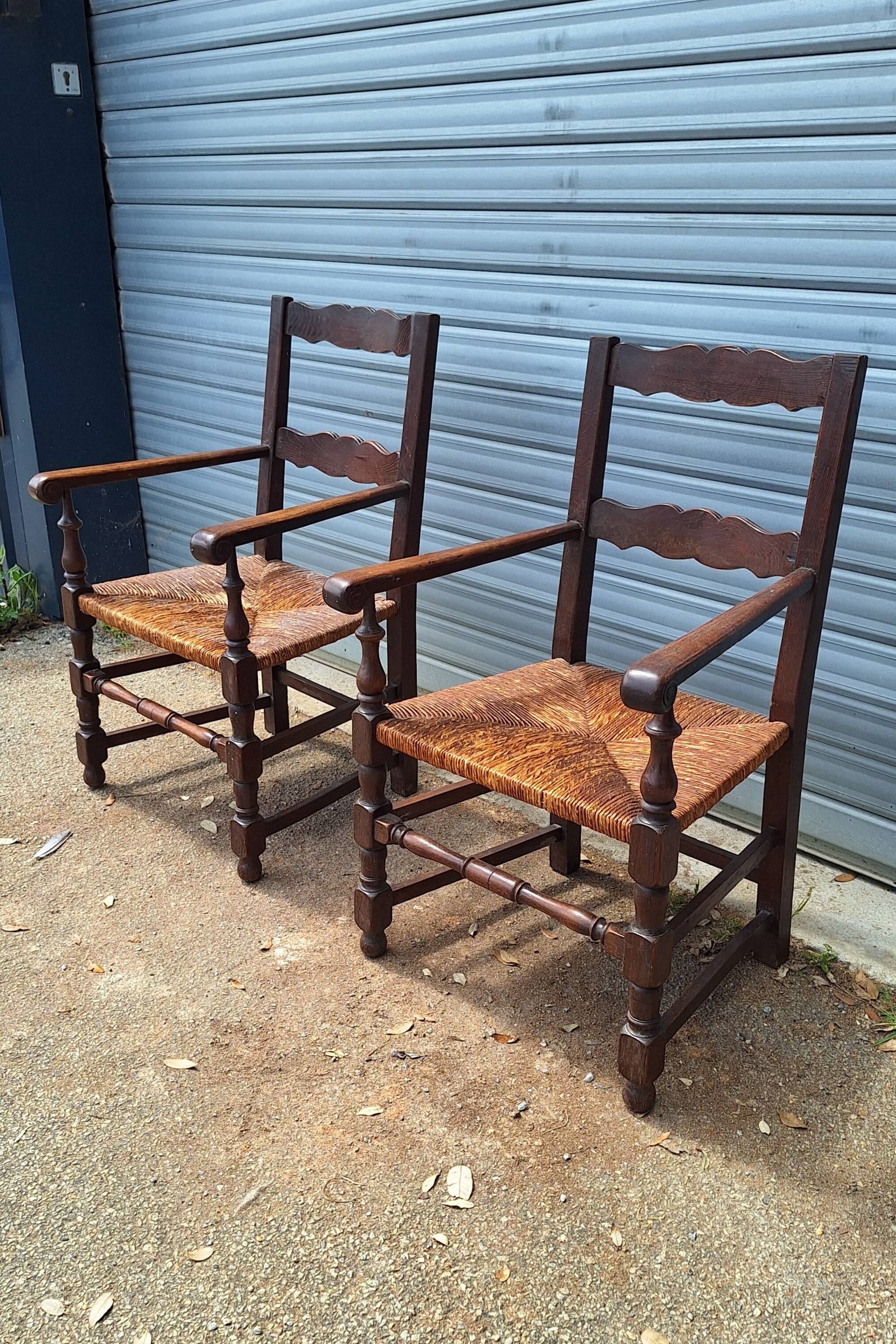 Pair of wooden and straw farmhouse armchairs