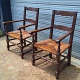 Pair of wooden and straw farmhouse armchairs
