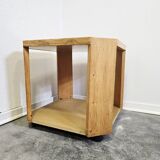 80s Octagonal Wood Accent Table with Glass Top on Casters