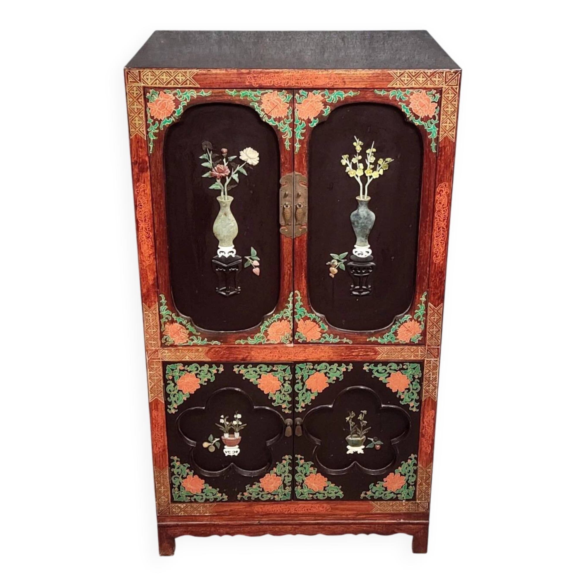 Asia, 20th century: Lacquered cabinet decorated with vases of flowers in hardstone