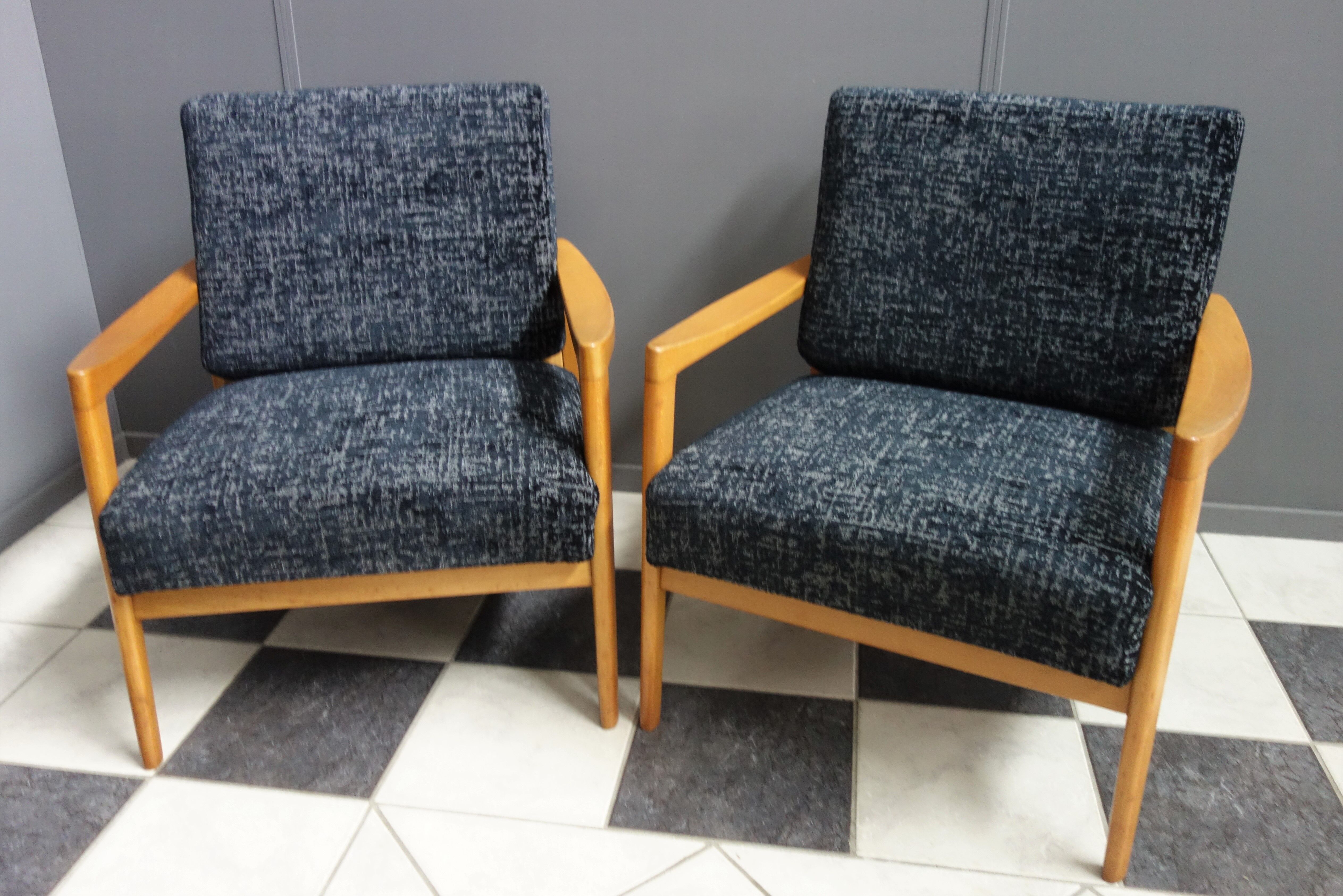 Black velvet-like fabric chairs in beech frame 1960s