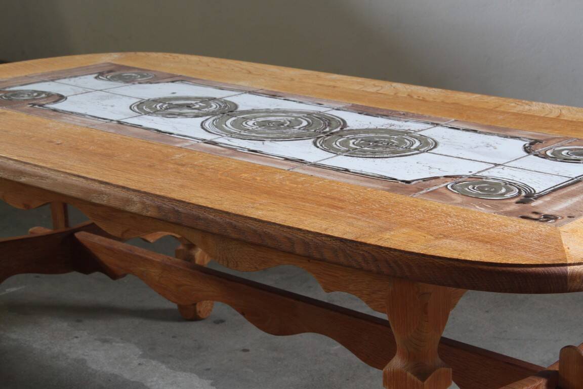 Vintage Danish brutalist oak & tile coffee table in the style of Henning Kjærnulf, 1960s